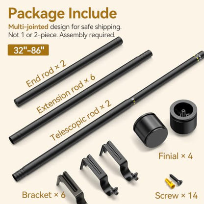 Black Curtain Rod 32-86 Inches Telescoping Metal Rod for Windows - 2 Pack