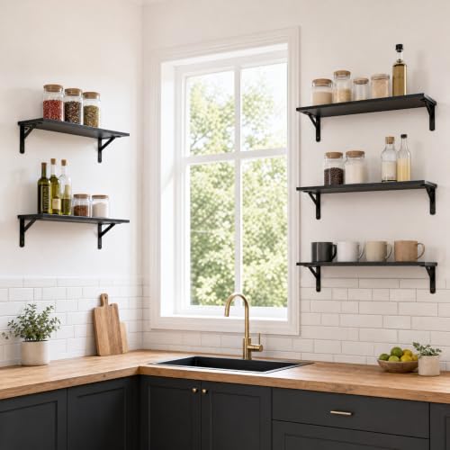 Floating Wall Shelves Set of 5 Black Rustic Wooden Storage Shelves