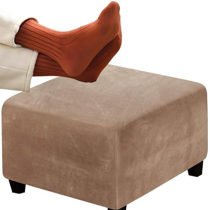 Square Ottoman Cover 14-44 Inch Stretch Checked Slipcover with Elastic - Camel 14/35x35cm