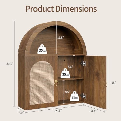 Walnut Arched Bathroom Wall Cabinet with Rattan Doors and Adjustable Shelves