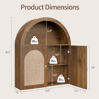 Walnut Arched Bathroom Wall Cabinet with Rattan Doors and Adjustable Shelves