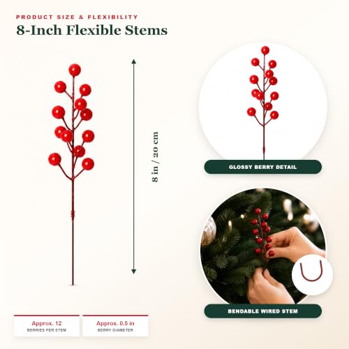 Artificial Red Berry Stems for Christmas Decorations Set of 35