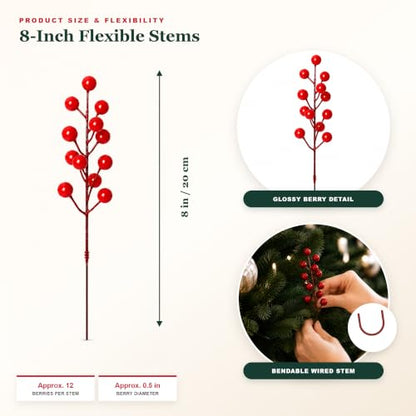 Artificial Red Berry Stems for Christmas Decorations Set of 35