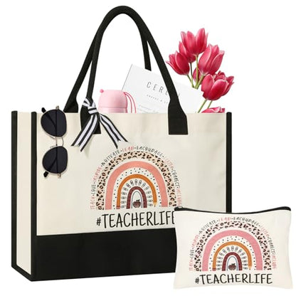 Teacher Gifts Canvas Tote Bag with Makeup Bag - Teacher Appreciation Gift - Variation 1