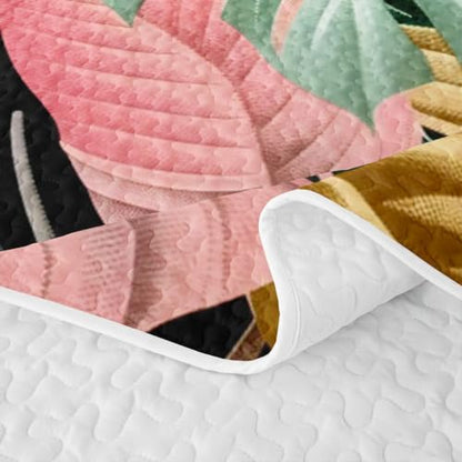 Castle Fairy Colorful Palm Leaf Quilt Set Queen Size Tropical Bedding with Pillow Shams - Green Pink Gold