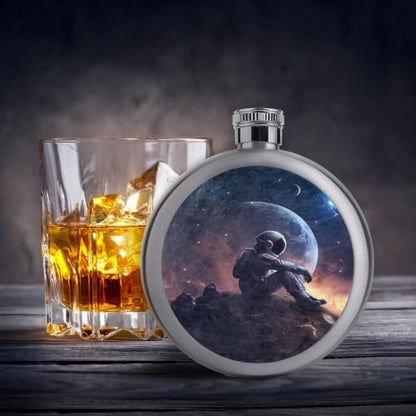 Astronaut Moon Scene Stainless Steel Flask 140ml, Portable Liquor Bottle with Screw Cap - One Size