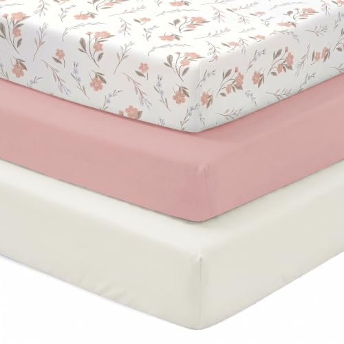 Baby Crib Sheets for Girls & Boys 3 Pack Pink+White+Flower Fitted 52x28x8 Inches