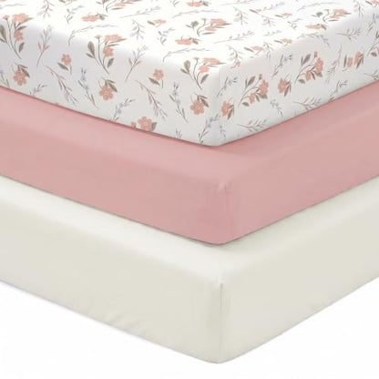 Baby Crib Sheets for Girls & Boys 3 Pack Pink+White+Flower Fitted 52x28x8 Inches