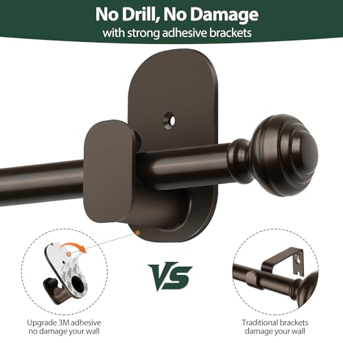 Antique Bronze Curtain Rod Set 16-30 Inches with No-Drill Adhesive Brackets and Rings