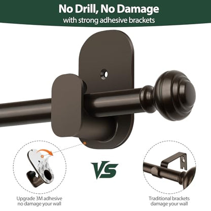 Antique Bronze Curtain Rod Set 16-30 Inches with No-Drill Adhesive Brackets and Rings