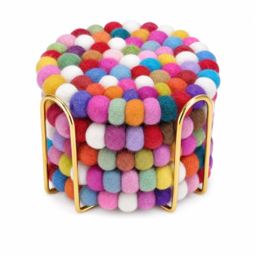 Multicolor Wool Felt Coasters with Holder - 5 Pack Round Handmade Drink Protectors