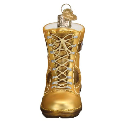 Military Boot Glass Ornament - Gold Combat Boot with Flag Patch, Handcrafted Holiday Decoration, 3 x 2.75 Inches