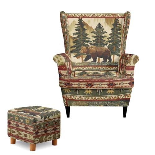 Tribal Mountain Bear Wingback Chair Slipcover with Ottoman Set - Protective Furniture Cover
