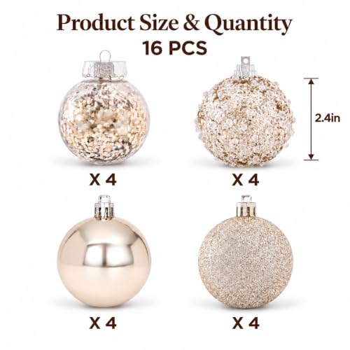 Champagne Rustic Christmas Ornaments Set 16PCS 2.4 Inch - Evernne