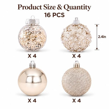 Champagne Rustic Christmas Ornaments Set 16PCS 2.4 Inch - Evernne