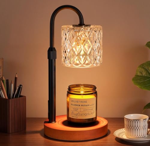Walnut Candle Warmer Lamp with Timer - Clear Glass Shade, Dimmable & Adjustable Height