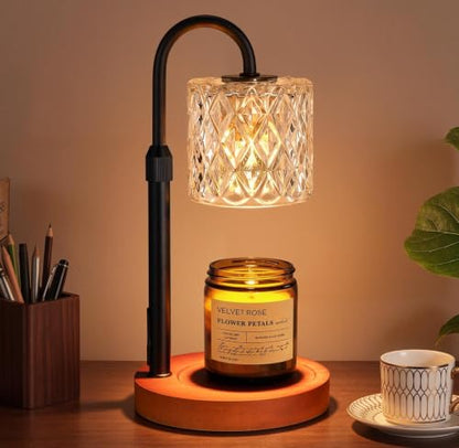 Walnut Candle Warmer Lamp with Timer - Clear Glass Shade, Dimmable & Adjustable Height