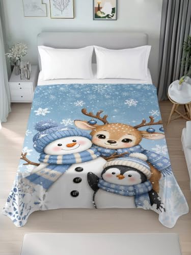 Misty Blue King Size Flat Sheet Christmas Snowman Deer Penguin Bedding Winter Snowflake