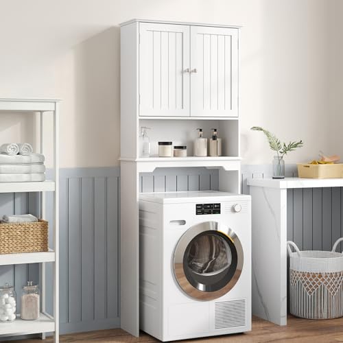 Over Toilet Storage Cabinet with Double Doors - Matte White Bathroom Shelves