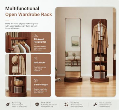 Walnut 360 Rotating Floor Mirror with Coat Rack - 2 Pieces