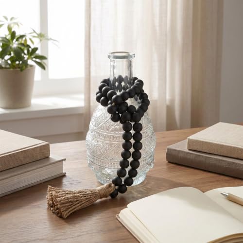 Black 39in Wood Bead Garland Farmhouse Decor with Tassels