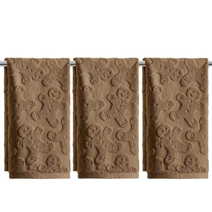 Artoid Mode 3 Pcs Brown 3D Gingerbread Man Jacquard Hand Towels - Christmas Bathroom Decor, 13.7 x 29.5 Inches