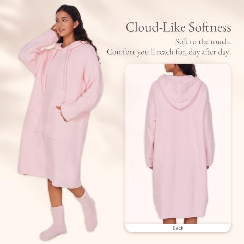 WDCOZY Pink Wearable Blanket Hoodie Full Length Fleece Warm Sweatshirt Dress