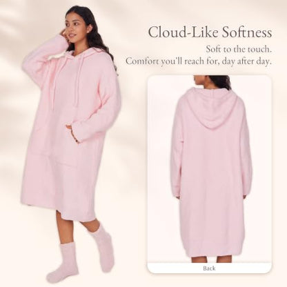 WDCOZY Pink Wearable Blanket Hoodie Full Length Fleece Warm Sweatshirt Dress