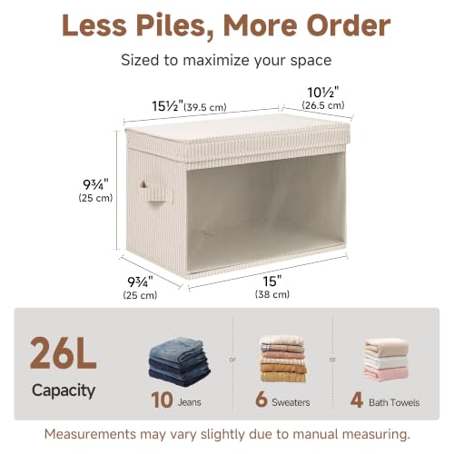 Large Fabric Storage Bins with Lids - Khaki & Beige Stripes, Collapsible Closet Organizers