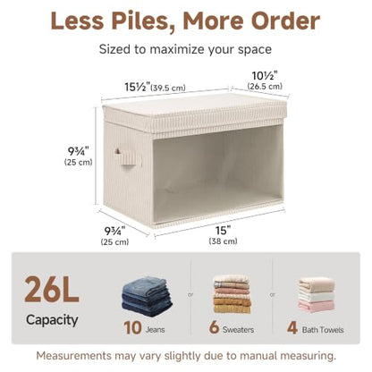Large Fabric Storage Bins with Lids - Khaki & Beige Stripes, Collapsible Closet Organizers