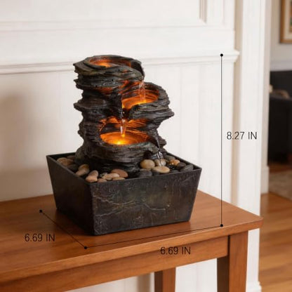 Indoor Tabletop Water Fountain with LED Lights, 3-Tier Resin Rock Waterfall
