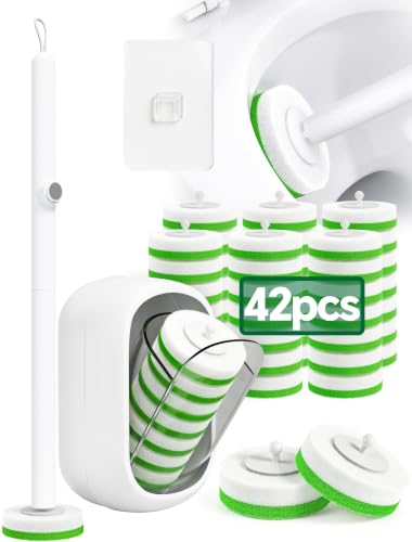 Disposable Toilet Bowl Cleaner Wand Kit with 42 Green Refills - Wall-Mounted, No-Drill