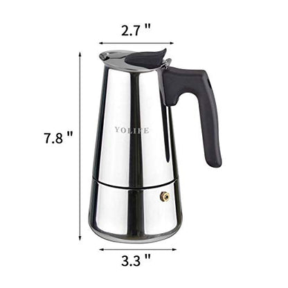 YOLIFE Stovetop Espresso Maker, Italian Moka Pot, 6 Cups/ 300 ml/10 oz (espresso cup=50ml) Stainless Steel Greca Cafe Maker Suitable for Induction Home Office Camping Cookers