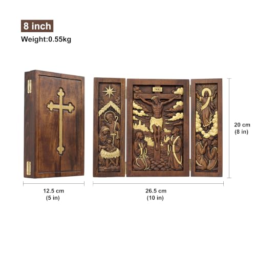 Gold 8-Inch Wooden Jesus Triptych Box Nativity Crucifixion Ascension Home Decor