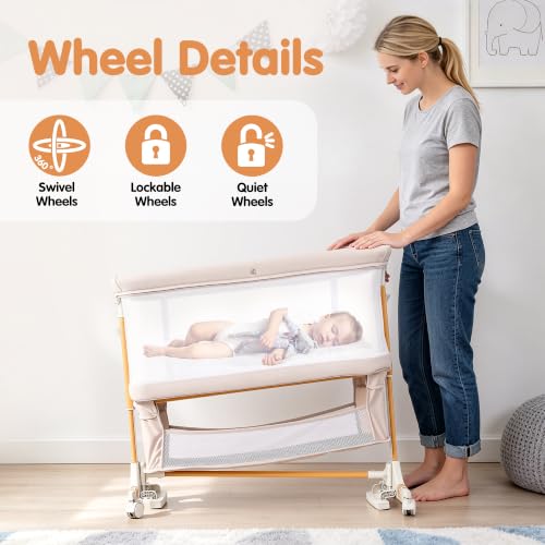 4-in-1 Baby Bassinet Bedside Crib with Mosquito Net & Adjustable Height - Beige