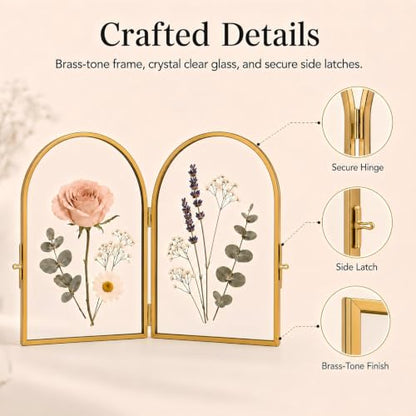 Double Glass Pressed Flower Frame - Gold 5x7 Inch Floating Picture Frame - Arched Design