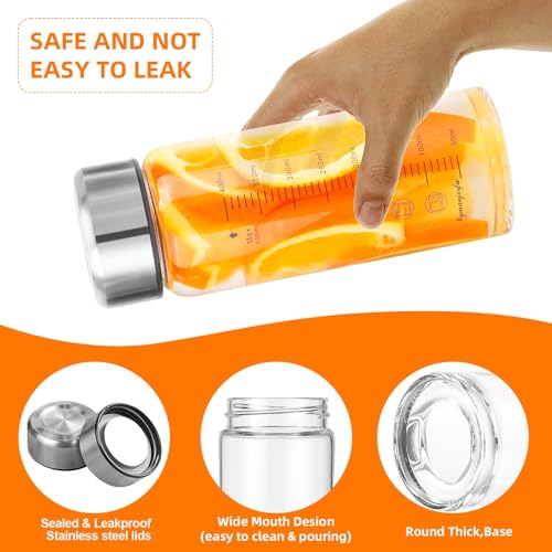 16 oz Glass Juice Bottles with Wide Mouth and Stainless Steel Lids - Reusable Leakproof Water & Smoothie Bottles