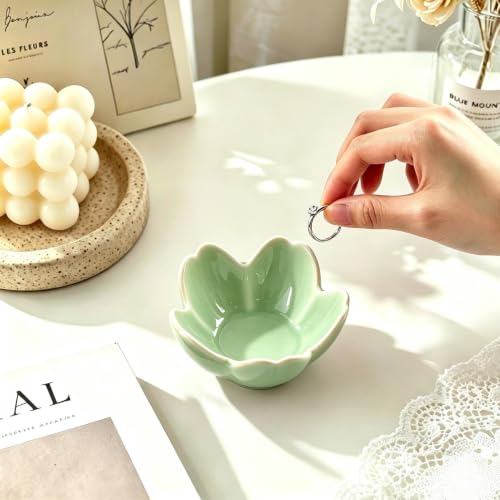 2 Pack Ceramic Flower Ring Holder Dish - White and Green Jewelry Trays