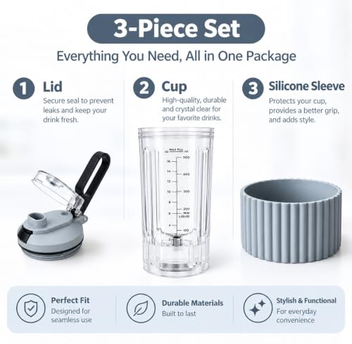 Gray 22oz Replacement Cup with Lid & Silicone Sleeve for Ninja Blast Max BC251