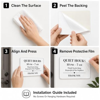 Vacation Rental Quiet Hours Sign - 8 x 6 Inch Acrylic - Clear Adhesive Mount - Defines 10 PM–7 AM Rule