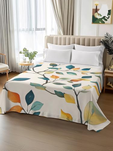 Queen Size Colorful Leaf Vine Flat Sheet - Microfiber Breathable Bed Cover in Orange Gray Blue Green