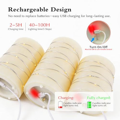 Rechargeable LED Flameless Candles with Remote Timer - White, 3 Pack
