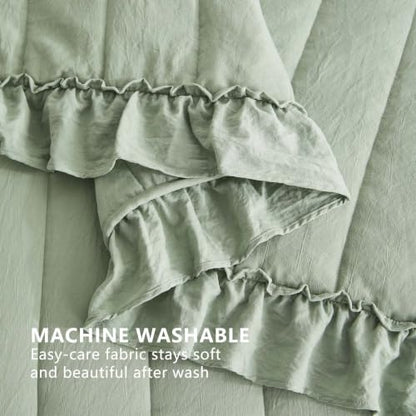 Sage Green Ruffle Queen Quilt 3 Piece Bedspread Set - Lightweight & Soft