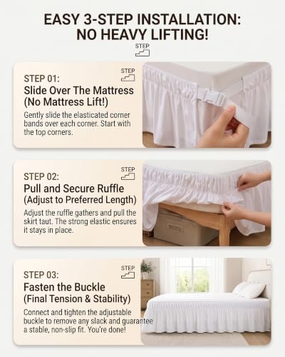 White Ruffled Bed Skirt Queen 15 Inch Drop Wrap-Around Dust Ruffle - YOPINCO