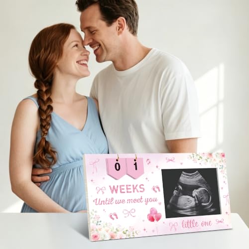 Pregnancy Ultrasound Picture Frame with Pink Bow & Countdown - Keepsake