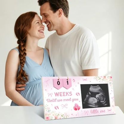 Pregnancy Ultrasound Picture Frame with Pink Bow & Countdown - Keepsake
