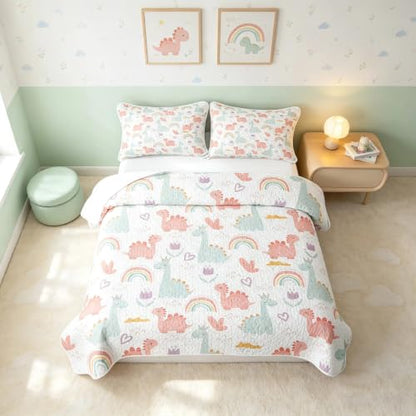 Pink Green Dinosaur Quilt Set Twin Size with Pillowcase - Cartoon Dino Bedspread for Kids