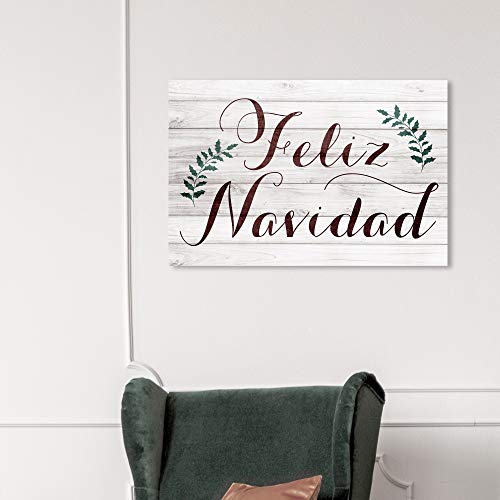 Holiday Wall Art Canvas Prints - Rustic Feliz Navidad 36 x 24 Inches - Brown & Green
