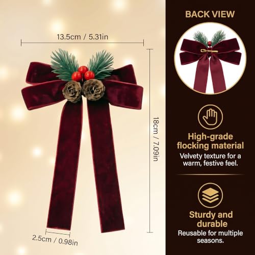 Burgundy Velvet Christmas Bow with Pine Cones - 6.3 Inch Holiday Wreath Decor