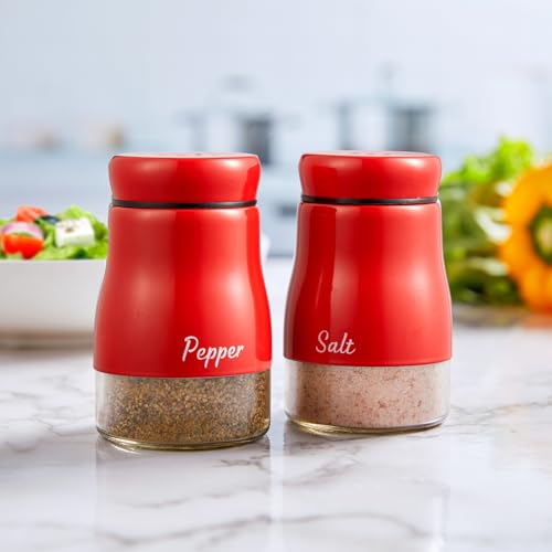 Red Salt and Pepper Shakers Set - 5oz Dispensers with Glass Bottom, Cute Kitchen Decor